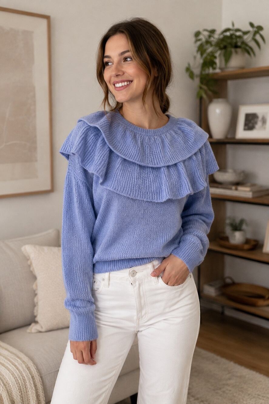 Zara Ruffle Collar Crop Sweater Knit Long Sleeve Romantic Feminine Top S NWOT